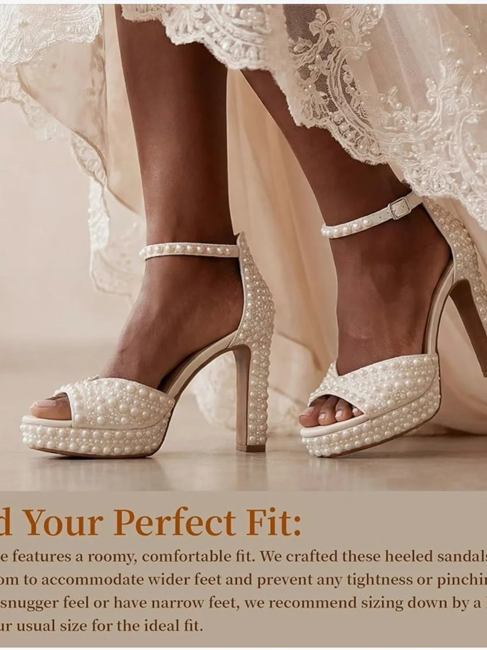 Pearl-Embellished Cream Platform Block Heels with Ankle Strap